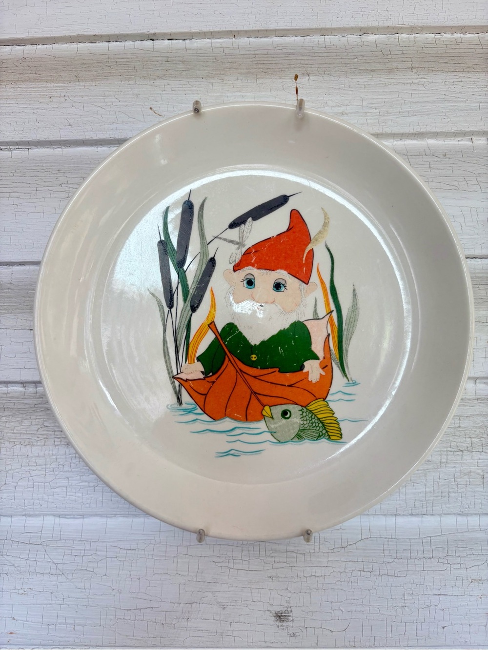 White Ceramic Child’s Plate with Orange-Red Gnome Design- Homer Laughlin